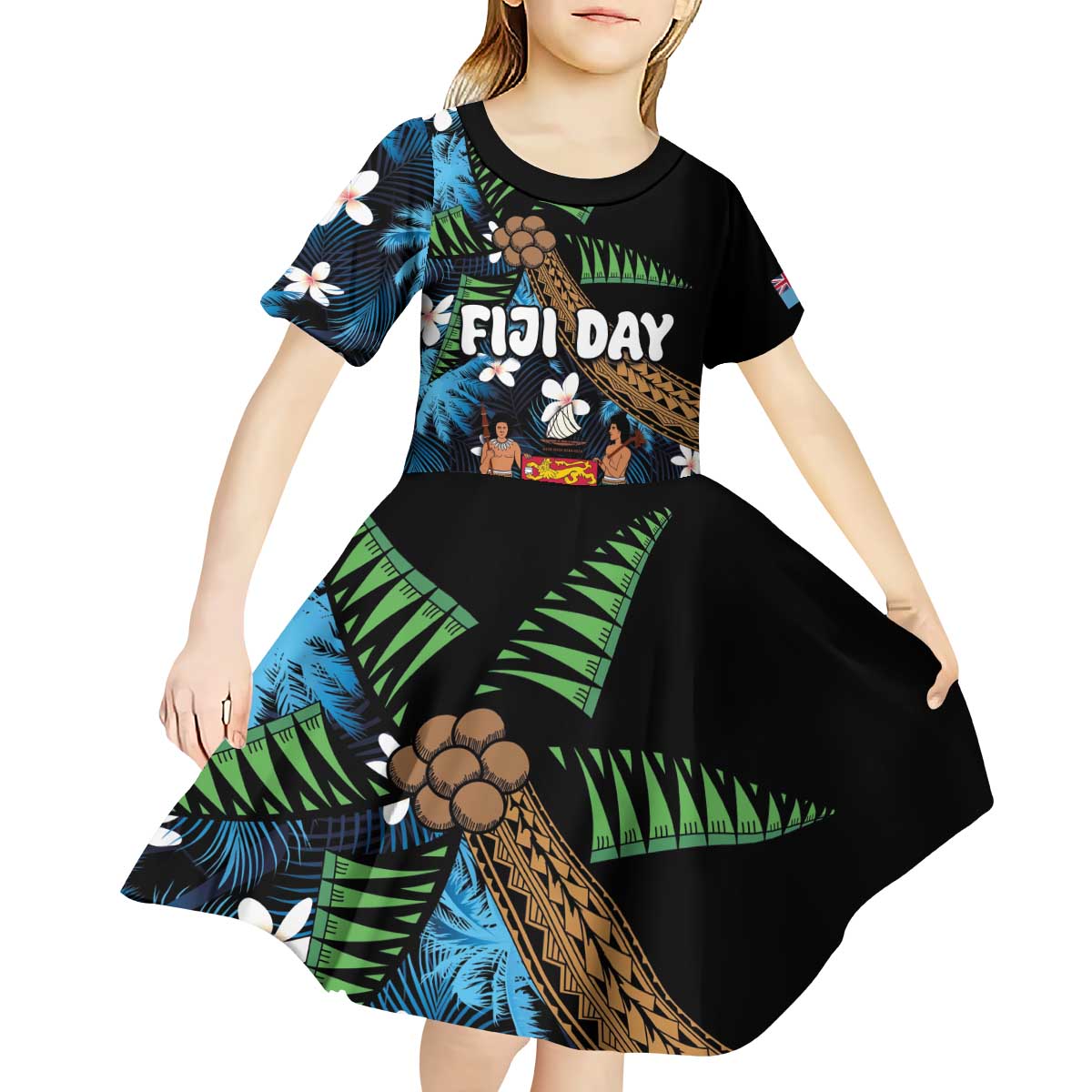 Fiji Day Kid Short Sleeve Dress Palm Tree With Plumeria Tapa Tribal Pattern LT03 - Polynesian Pride
