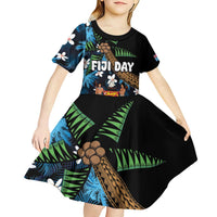 Fiji Day Kid Short Sleeve Dress Palm Tree With Plumeria Tapa Tribal Pattern LT03 - Polynesian Pride