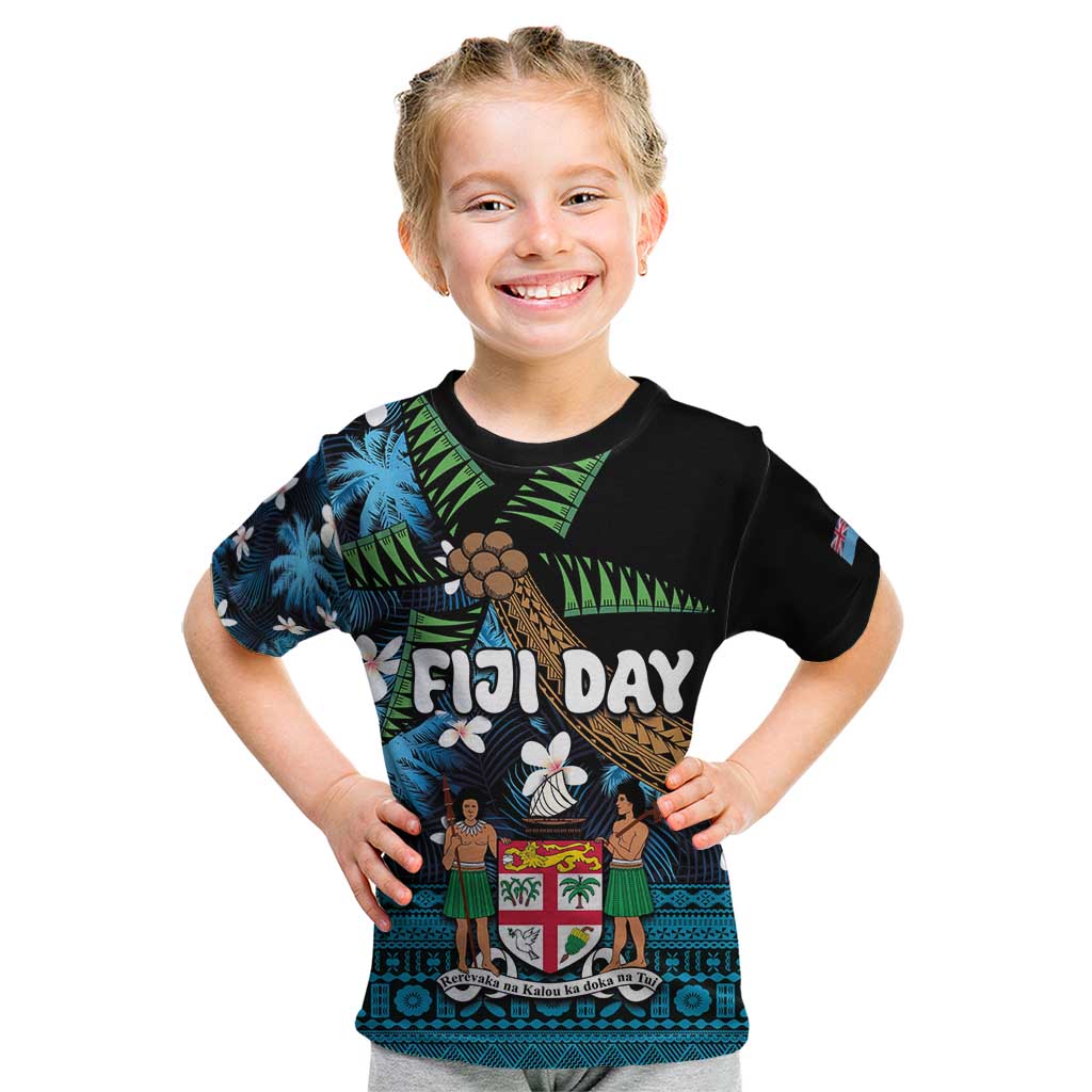 Fiji Day Kid T Shirt Palm Tree With Plumeria Tapa Tribal Pattern LT03 Blue - Polynesian Pride