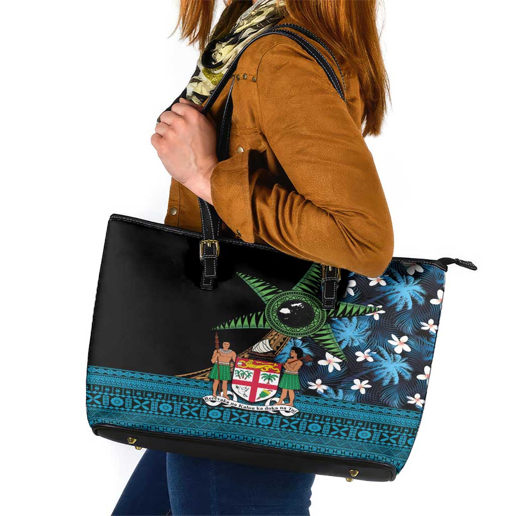 Fiji Day Leather Tote Bag Palm Tree With Plumeria Tapa Tribal Pattern LT03 Blue - Polynesian Pride