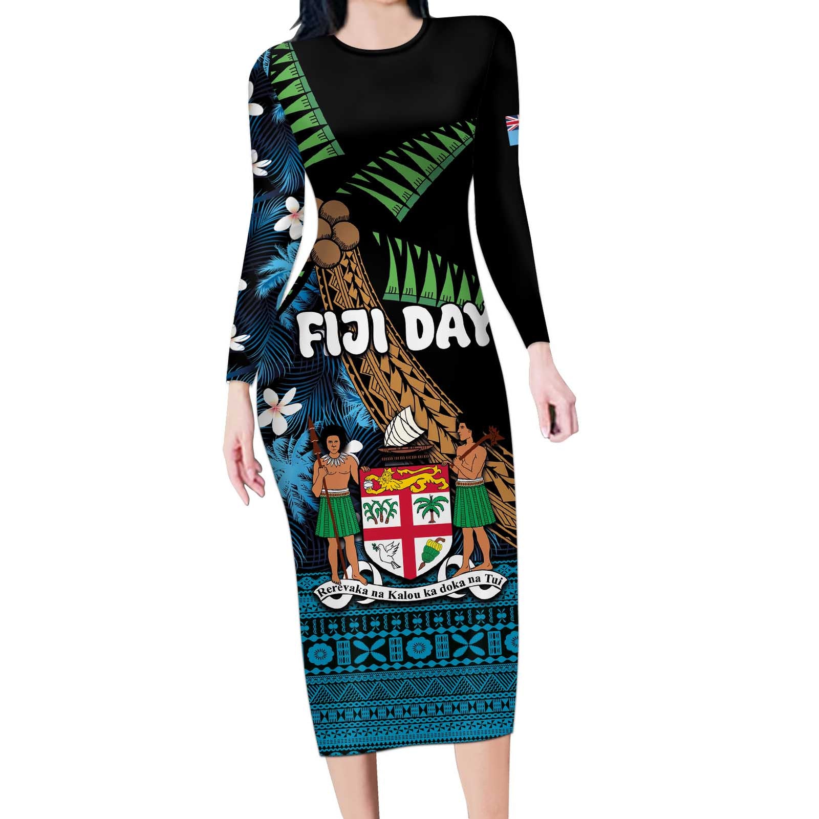 Fiji Day Long Sleeve Bodycon Dress Palm Tree With Plumeria Tapa Tribal Pattern LT03 Long Dress Blue - Polynesian Pride