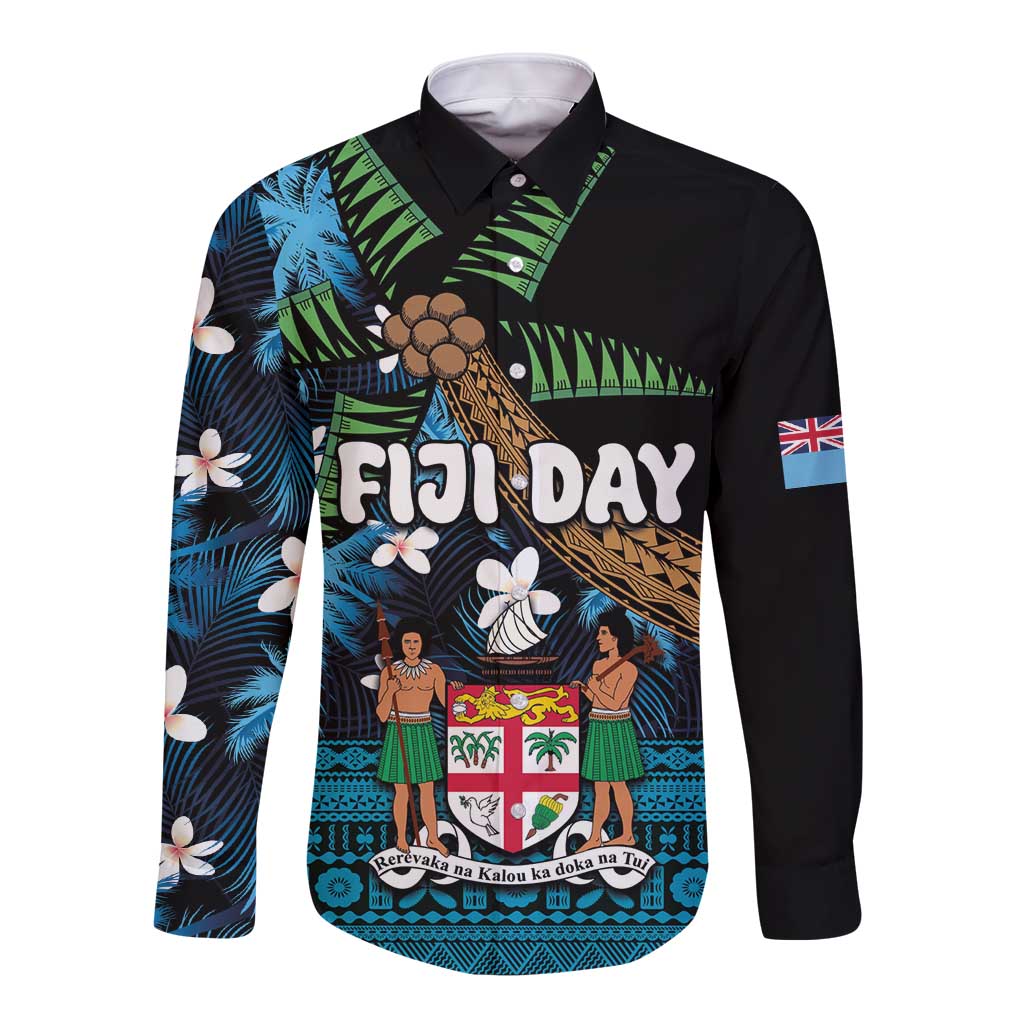 Fiji Day Long Sleeve Button Shirt Palm Tree With Plumeria Tapa Tribal Pattern LT03 Unisex Blue - Polynesian Pride