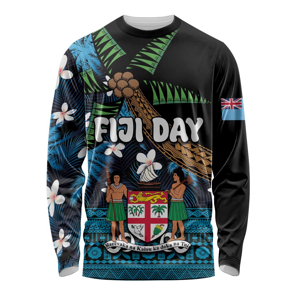 Fiji Day Long Sleeve Shirt Palm Tree With Plumeria Tapa Tribal Pattern LT03 Unisex Blue - Polynesian Pride