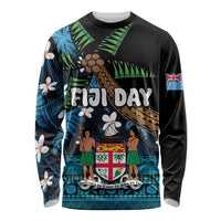 Fiji Day Long Sleeve Shirt Palm Tree With Plumeria Tapa Tribal Pattern LT03 Unisex Blue - Polynesian Pride