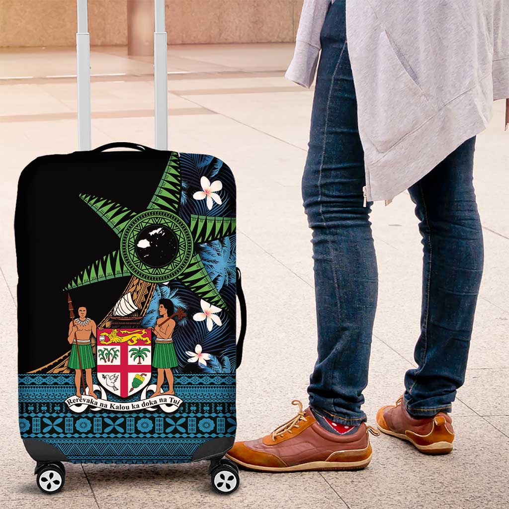 Fiji Day Luggage Cover Palm Tree With Plumeria Tapa Tribal Pattern LT03 Blue - Polynesian Pride
