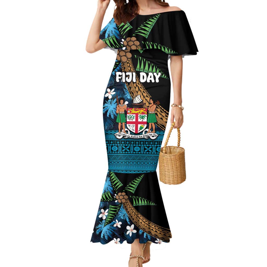 Fiji Day Mermaid Dress Palm Tree With Plumeria Tapa Tribal Pattern LT03 Women Blue - Polynesian Pride