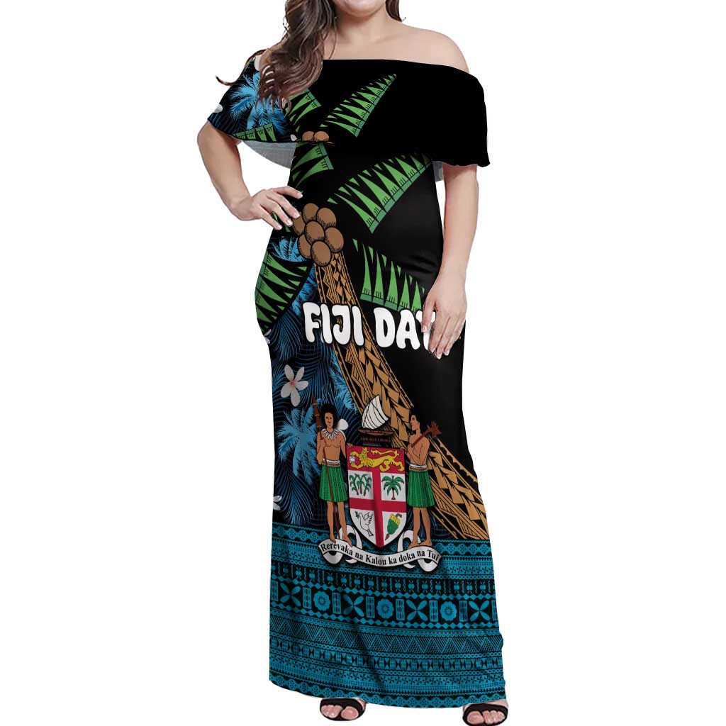 Fiji Day Off Shoulder Maxi Dress Palm Tree With Plumeria Tapa Tribal Pattern LT03 Women Blue - Polynesian Pride