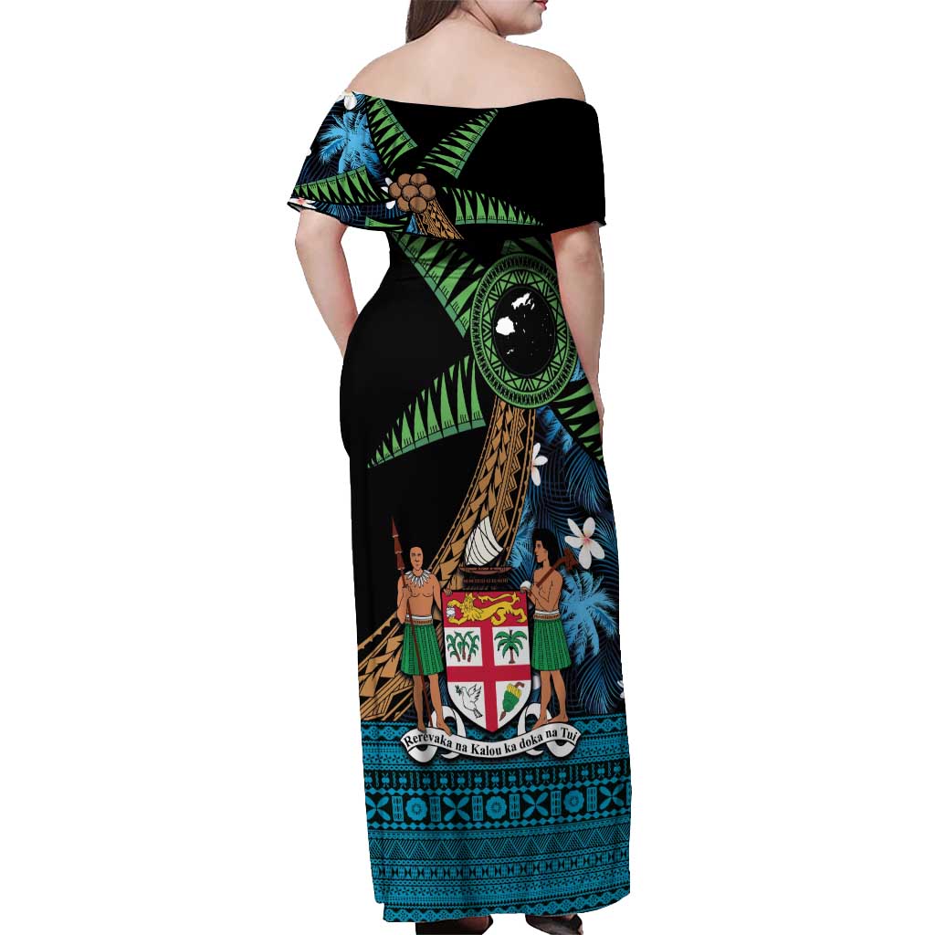 Fiji Day Off Shoulder Maxi Dress Palm Tree With Plumeria Tapa Tribal Pattern LT03 - Polynesian Pride