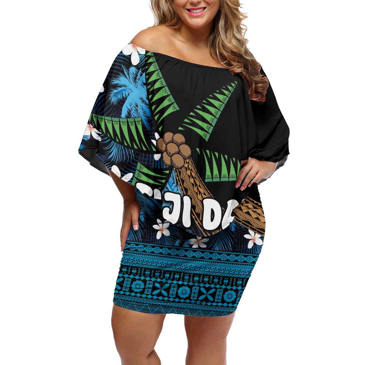 Fiji Day Off Shoulder Short Dress Palm Tree With Plumeria Tapa Tribal Pattern LT03 Women Blue - Polynesian Pride