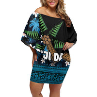 Fiji Day Off Shoulder Short Dress Palm Tree With Plumeria Tapa Tribal Pattern LT03 Women Blue - Polynesian Pride