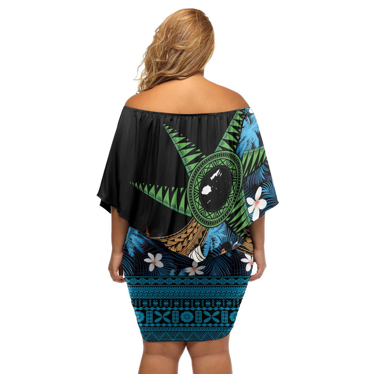 Fiji Day Off Shoulder Short Dress Palm Tree With Plumeria Tapa Tribal Pattern LT03 - Polynesian Pride