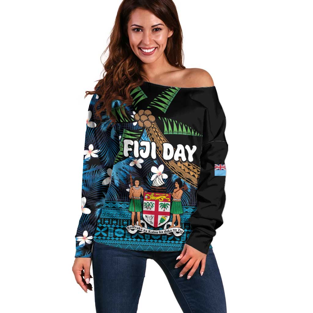 Fiji Day Off Shoulder Sweater Palm Tree With Plumeria Tapa Tribal Pattern LT03 Women Blue - Polynesian Pride