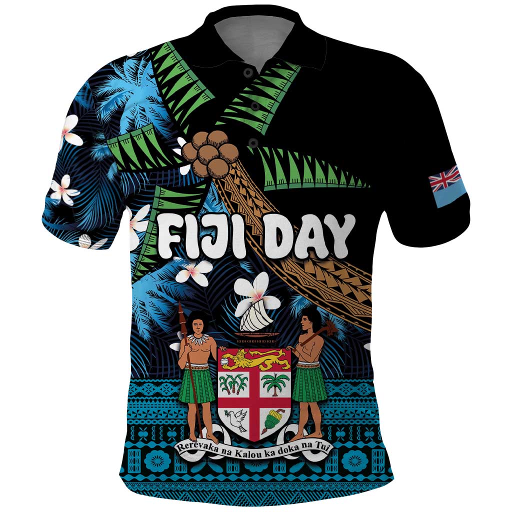 Fiji Day Polo Shirt Palm Tree With Plumeria Tapa Tribal Pattern LT03 Blue - Polynesian Pride