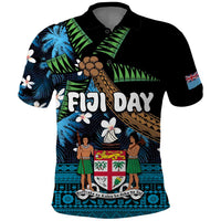 Fiji Day Polo Shirt Palm Tree With Plumeria Tapa Tribal Pattern LT03 Blue - Polynesian Pride
