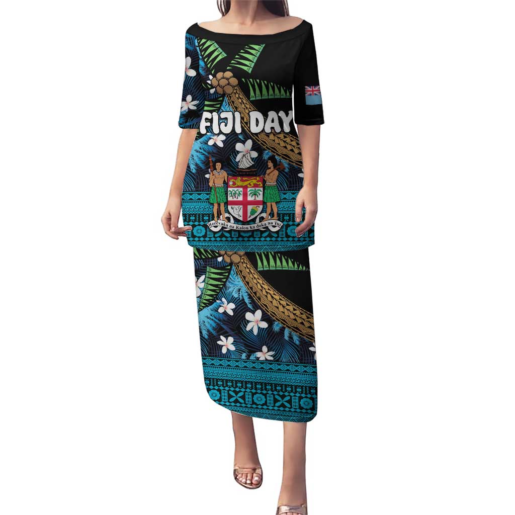 Fiji Day Puletasi Palm Tree With Plumeria Tapa Tribal Pattern LT03 Long Dress Blue - Polynesian Pride