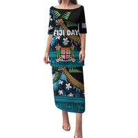 Fiji Day Puletasi Palm Tree With Plumeria Tapa Tribal Pattern LT03 Long Dress Blue - Polynesian Pride