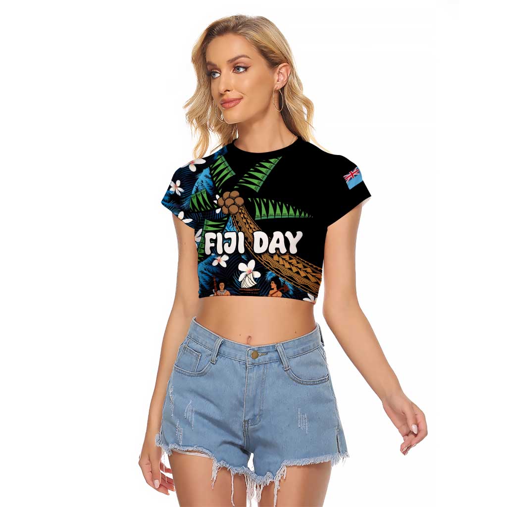 Fiji Day Raglan Cropped T Shirt Palm Tree With Plumeria Tapa Tribal Pattern LT03 Female Blue - Polynesian Pride