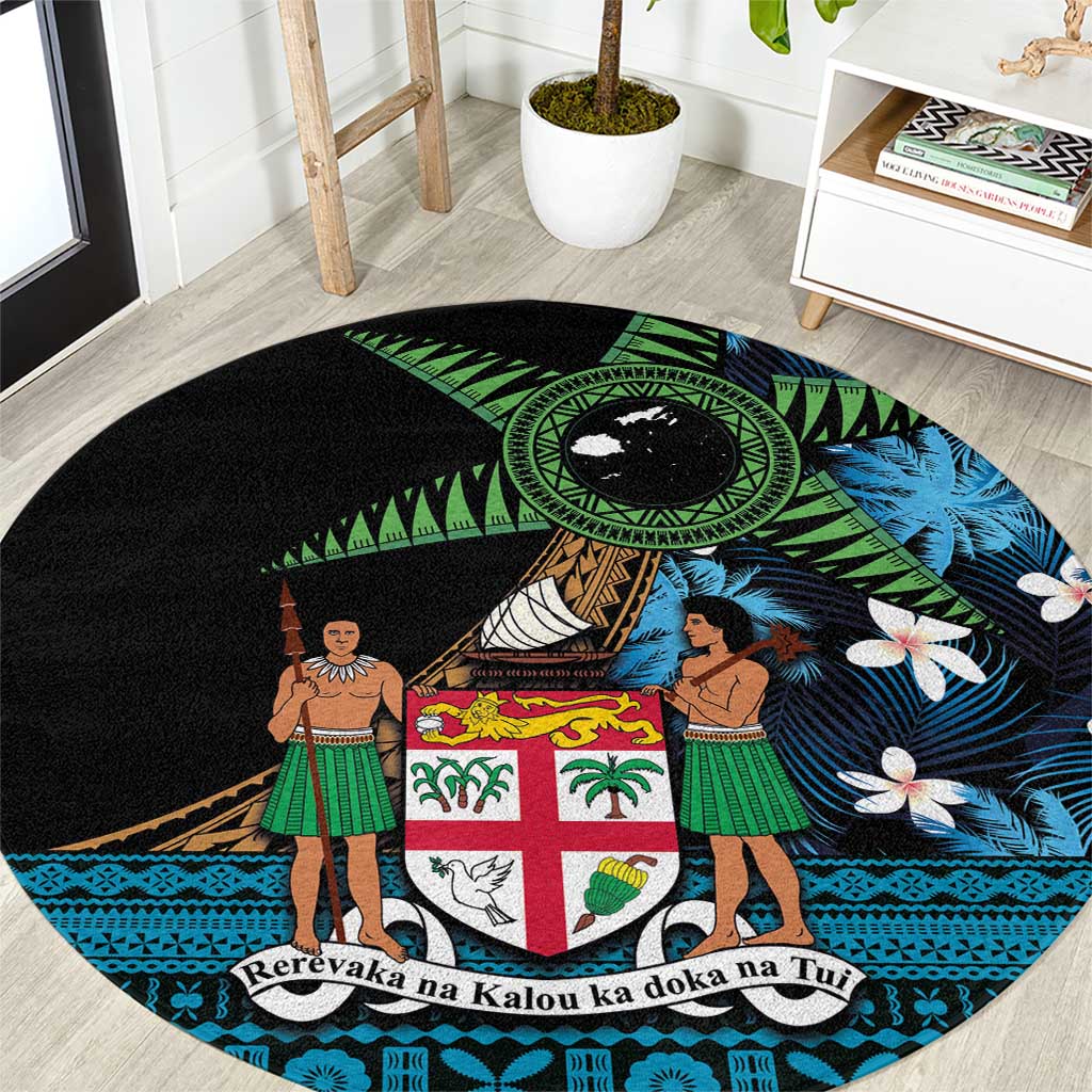 Fiji Day Round Carpet Palm Tree With Plumeria Tapa Tribal Pattern LT03 Blue - Polynesian Pride