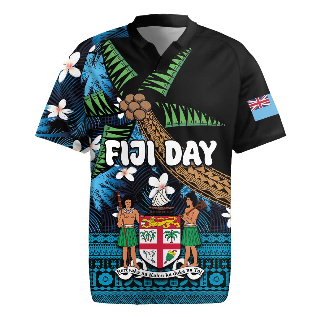 Fiji Day Rugby Jersey Palm Tree With Plumeria Tapa Tribal Pattern LT03 Blue - Polynesian Pride