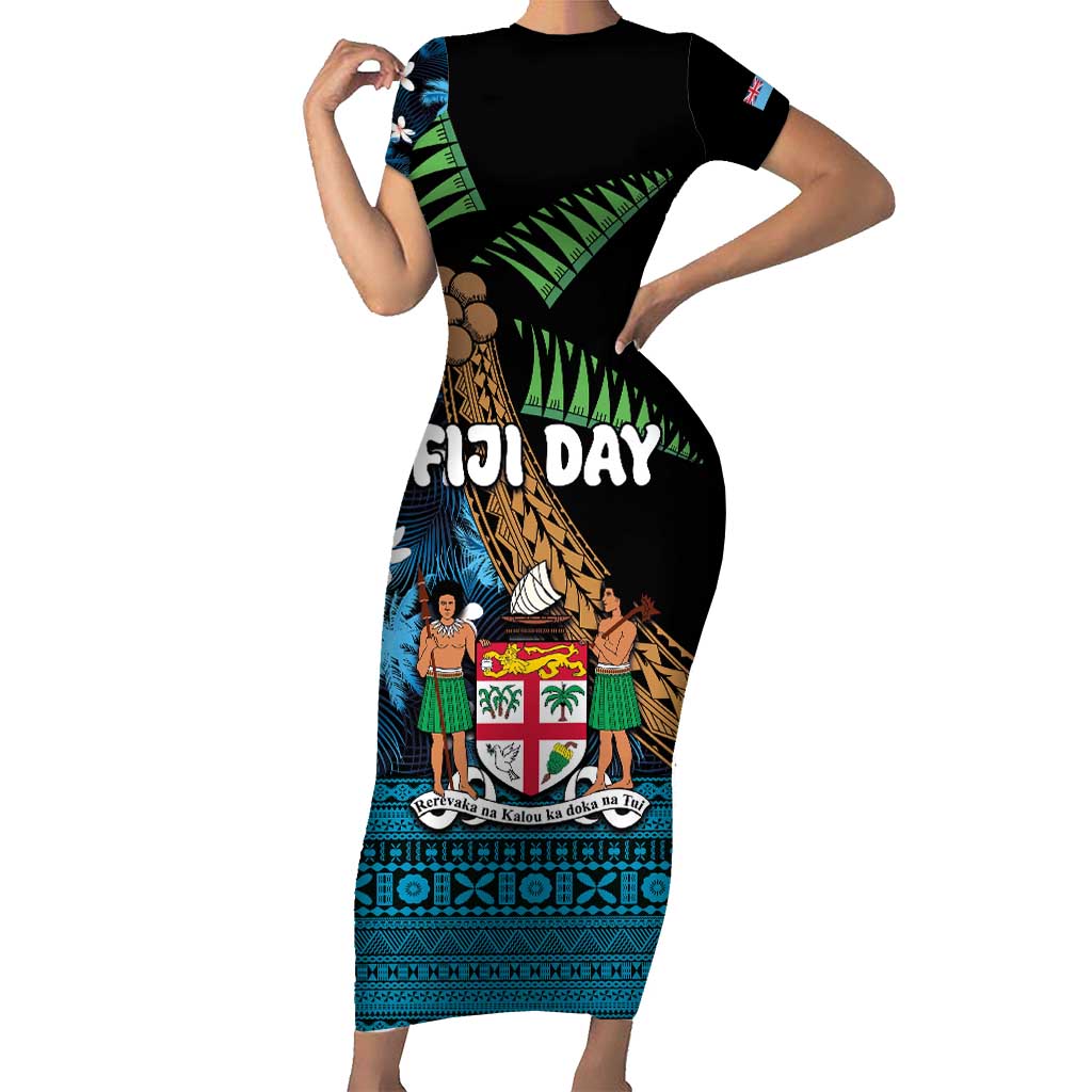 Fiji Day Short Sleeve Bodycon Dress Palm Tree With Plumeria Tapa Tribal Pattern LT03 Long Dress Blue - Polynesian Pride