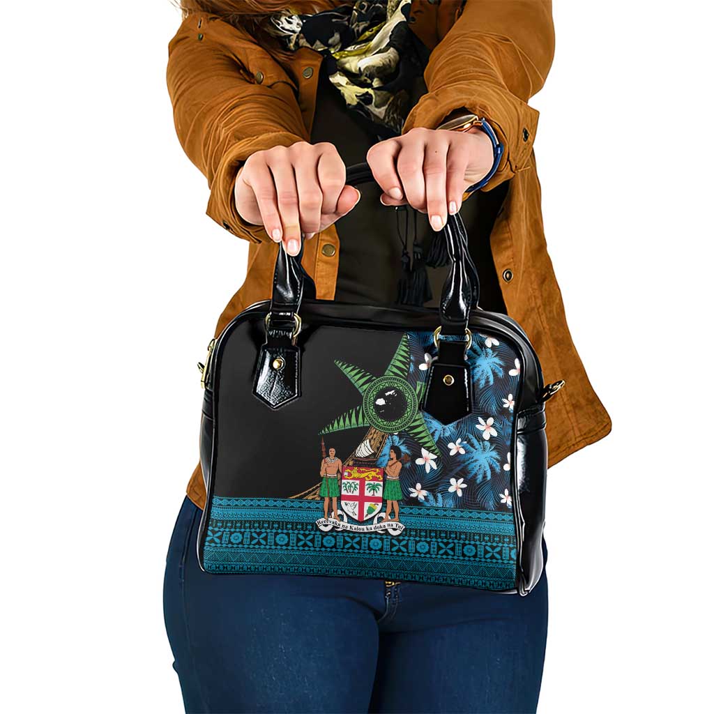 Fiji Day Shoulder Handbag Palm Tree With Plumeria Tapa Tribal Pattern LT03 One Size Blue - Polynesian Pride