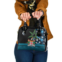 Fiji Day Shoulder Handbag Palm Tree With Plumeria Tapa Tribal Pattern LT03 One Size Blue - Polynesian Pride