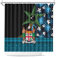 Fiji Day Shower Curtain Palm Tree With Plumeria Tapa Tribal Pattern LT03 Blue - Polynesian Pride