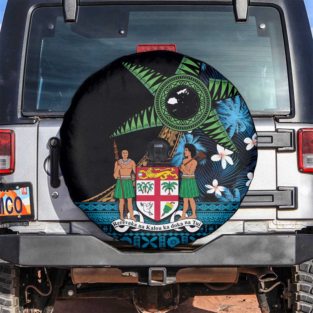 Fiji Day Spare Tire Cover Palm Tree With Plumeria Tapa Tribal Pattern LT03 Blue - Polynesian Pride