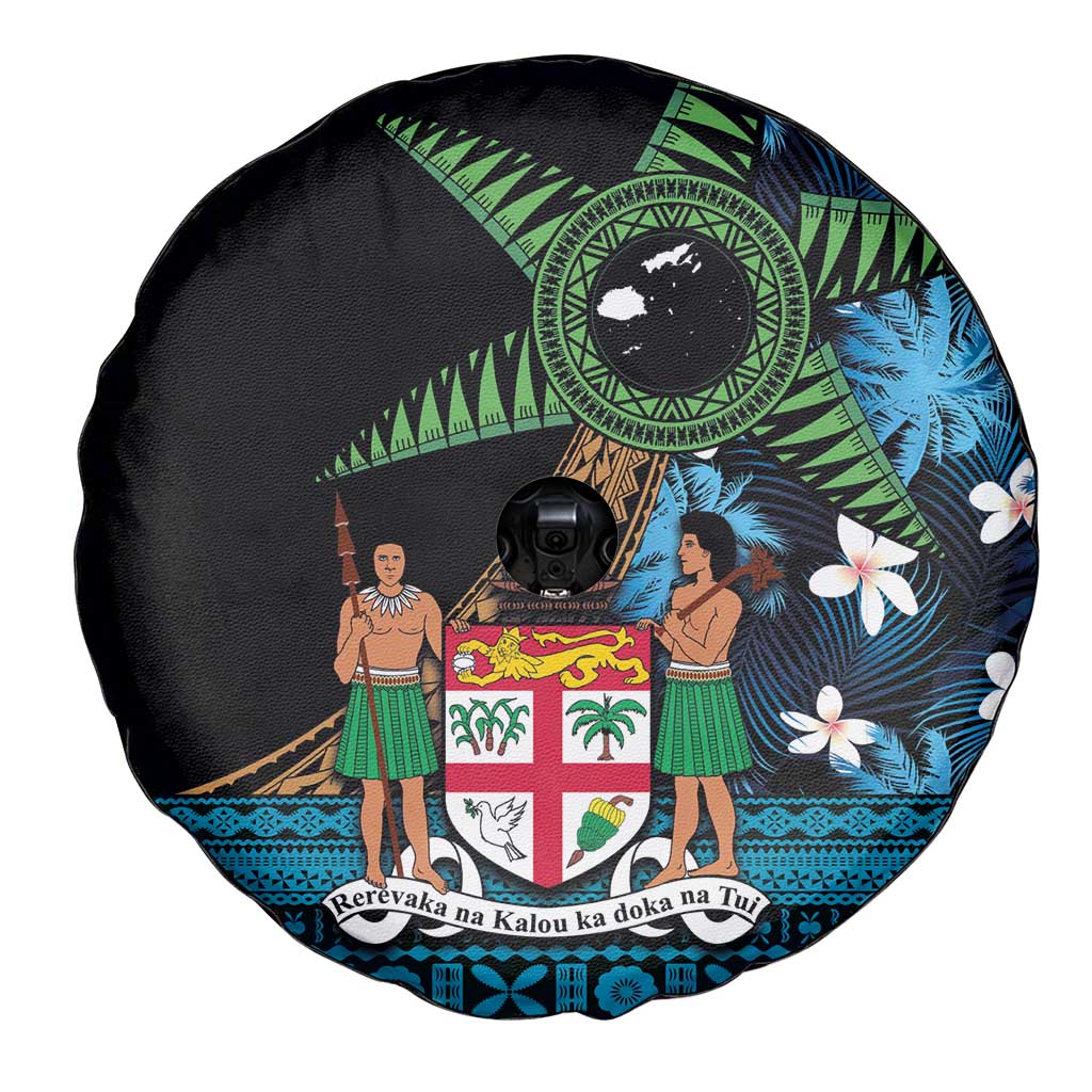 Fiji Day Spare Tire Cover Palm Tree With Plumeria Tapa Tribal Pattern LT03 - Polynesian Pride