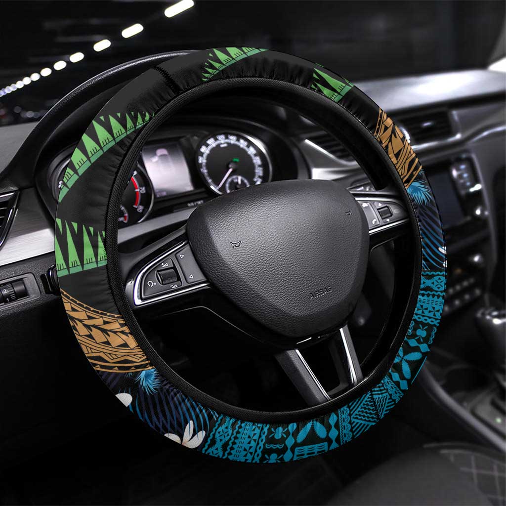 Fiji Day Steering Wheel Cover Palm Tree With Plumeria Tapa Tribal Pattern LT03 Universal Fit Blue - Polynesian Pride