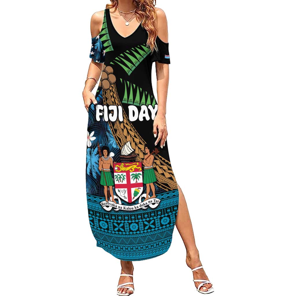 Fiji Day Summer Maxi Dress Palm Tree With Plumeria Tapa Tribal Pattern LT03 Women Blue - Polynesian Pride