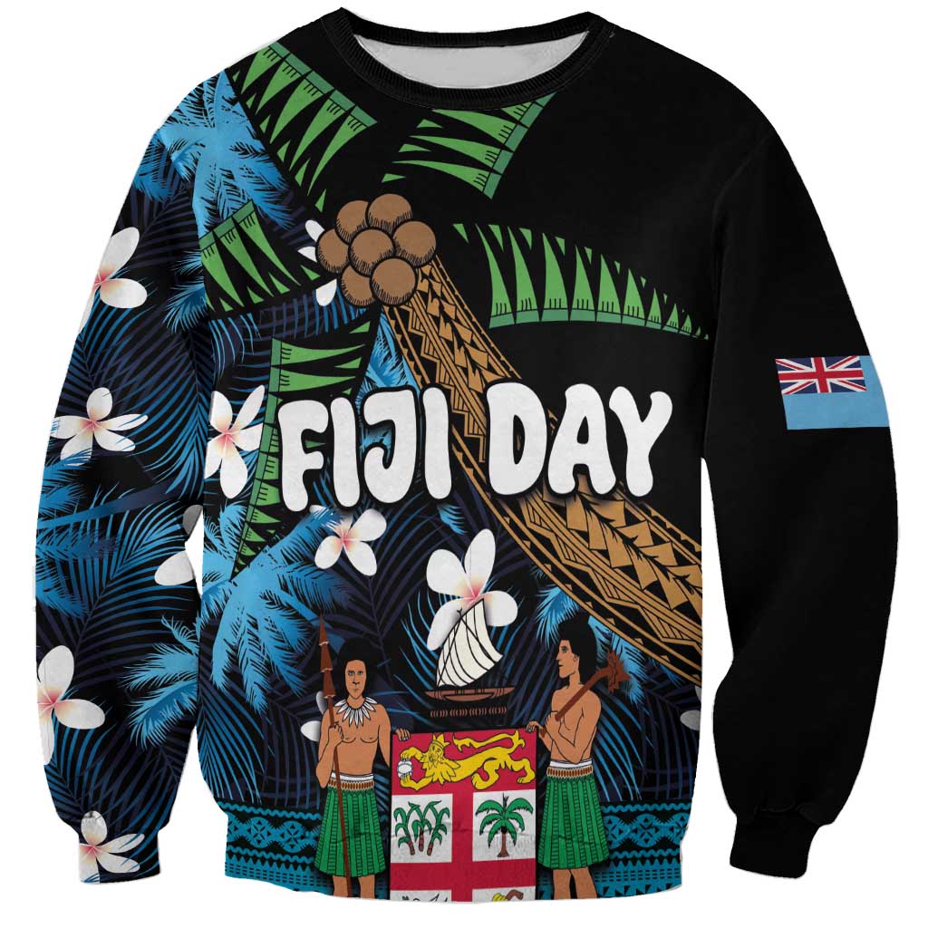 Fiji Day Sweatshirt Palm Tree With Plumeria Tapa Tribal Pattern LT03 Unisex Blue - Polynesian Pride