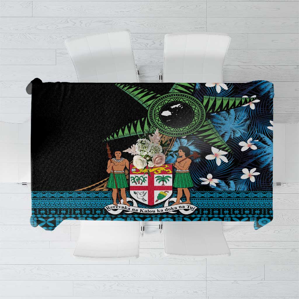 Fiji Day Tablecloth Palm Tree With Plumeria Tapa Tribal Pattern LT03 Blue - Polynesian Pride