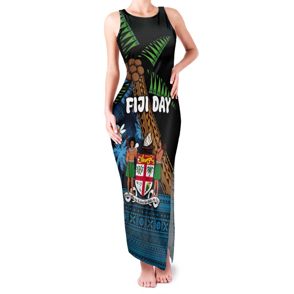 Fiji Day Tank Maxi Dress Palm Tree With Plumeria Tapa Tribal Pattern LT03 Women Blue - Polynesian Pride