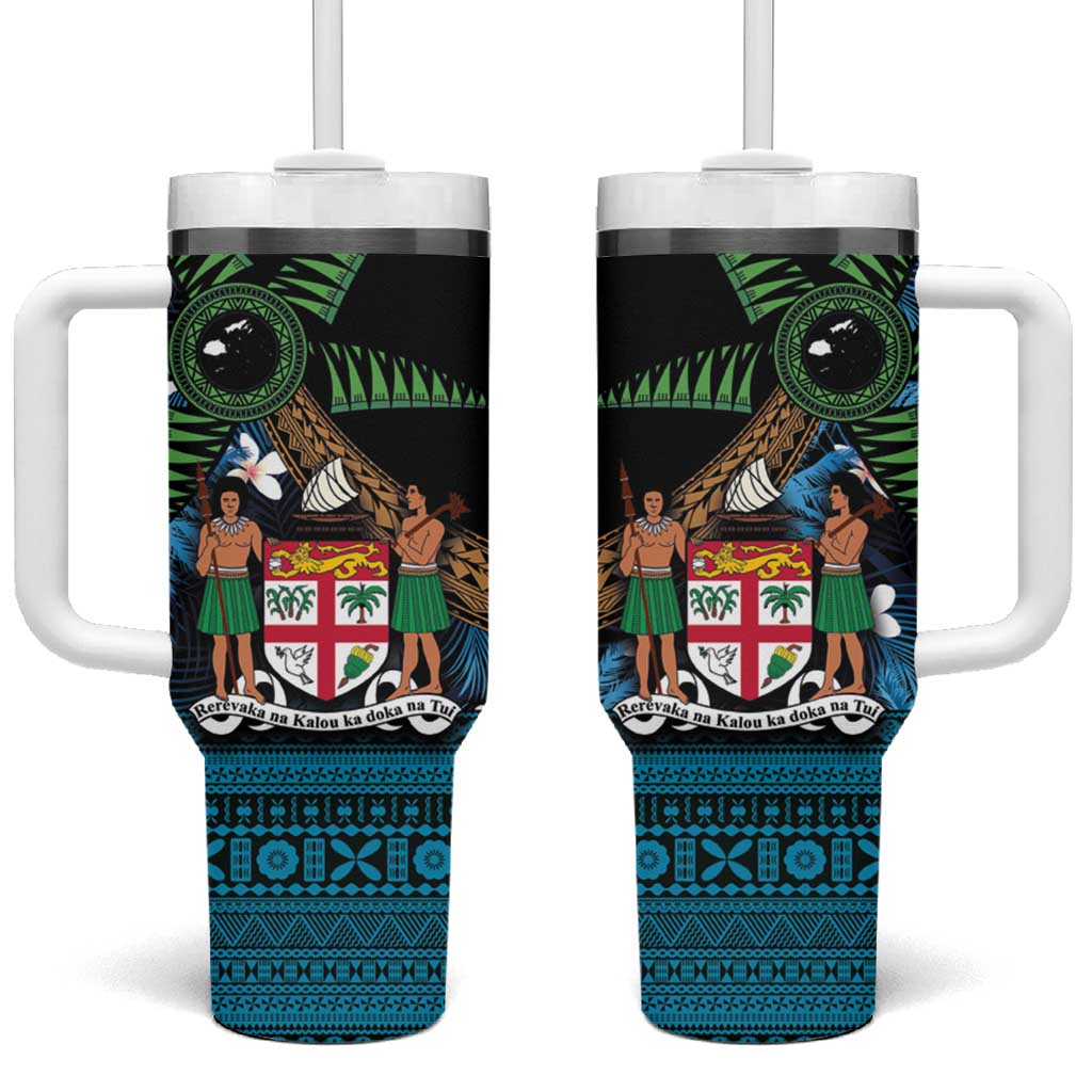 Fiji Day Tumbler With Handle Palm Tree With Plumeria Tapa Tribal Pattern LT03 One Size: 40 oz Blue - Polynesian Pride