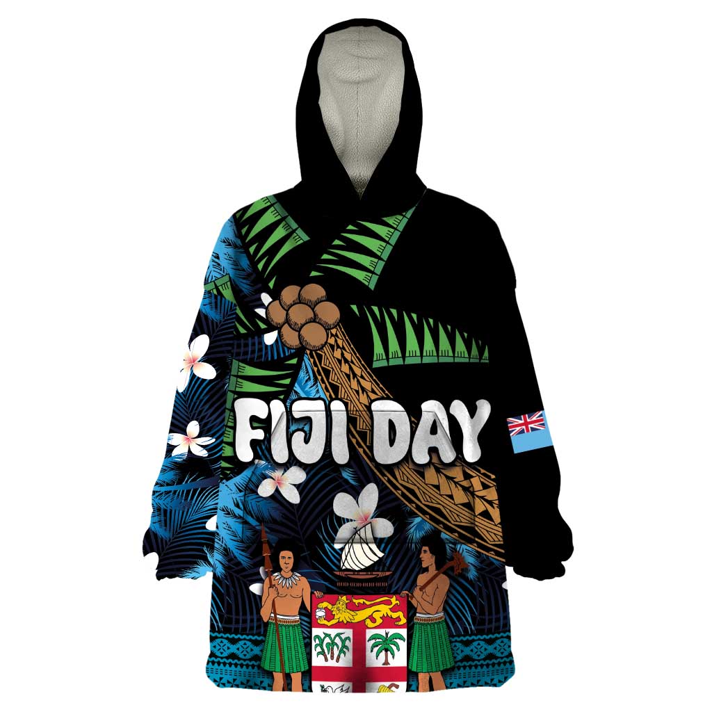 Fiji Day Wearable Blanket Hoodie Palm Tree With Plumeria Tapa Tribal Pattern LT03 One Size Blue - Polynesian Pride