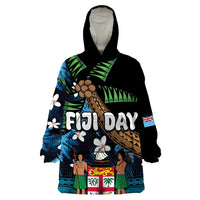 Fiji Day Wearable Blanket Hoodie Palm Tree With Plumeria Tapa Tribal Pattern LT03 One Size Blue - Polynesian Pride