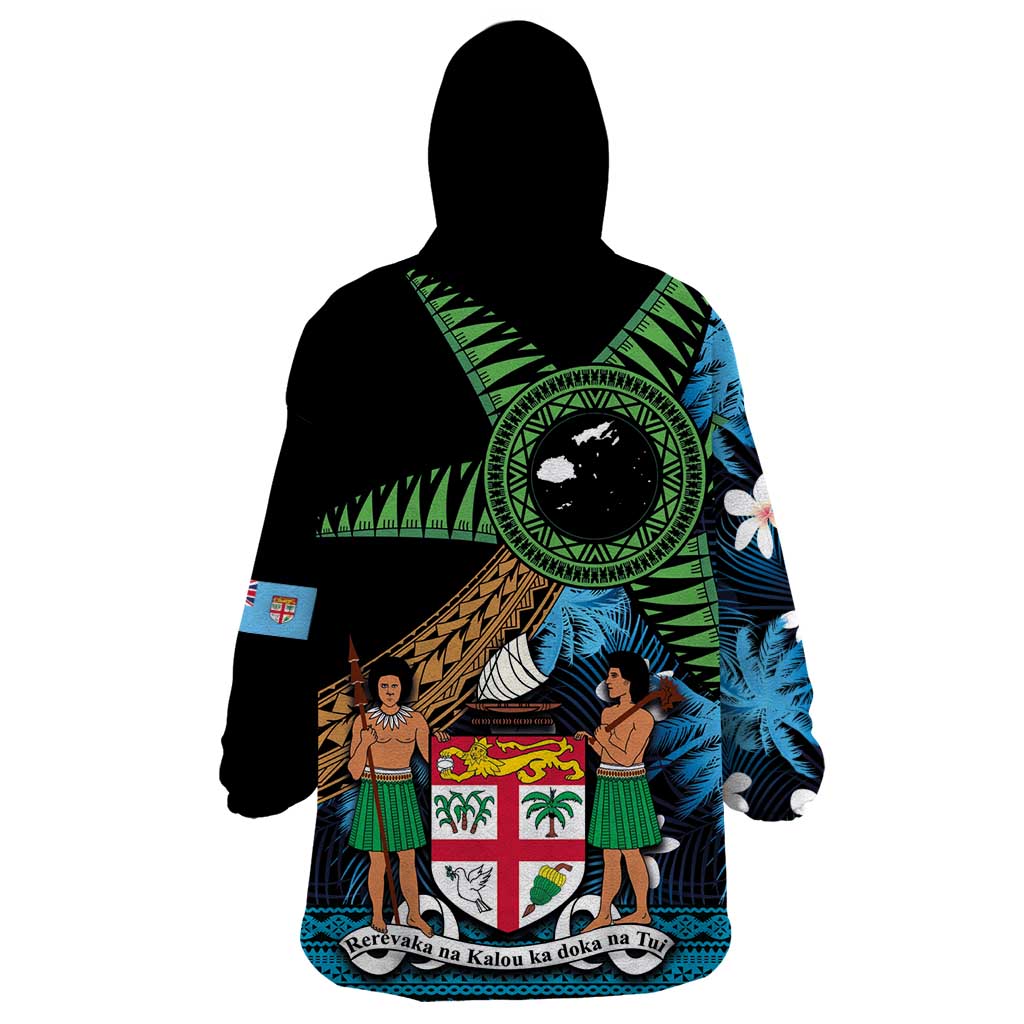Fiji Day Wearable Blanket Hoodie Palm Tree With Plumeria Tapa Tribal Pattern LT03 - Polynesian Pride