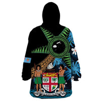 Fiji Day Wearable Blanket Hoodie Palm Tree With Plumeria Tapa Tribal Pattern LT03 - Polynesian Pride
