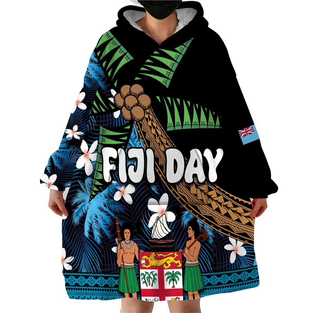 Fiji Day Wearable Blanket Hoodie Palm Tree With Plumeria Tapa Tribal Pattern LT03 - Polynesian Pride