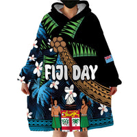 Fiji Day Wearable Blanket Hoodie Palm Tree With Plumeria Tapa Tribal Pattern LT03 - Polynesian Pride