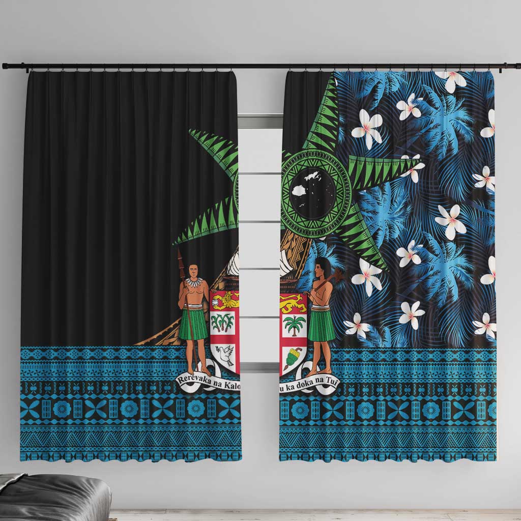 Fiji Day Window Curtain Palm Tree With Plumeria Tapa Tribal Pattern LT03 With Hooks Blue - Polynesian Pride