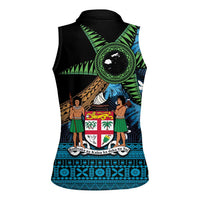Fiji Day Women Sleeveless Polo Shirt Palm Tree With Plumeria Tapa Tribal Pattern LT03 - Polynesian Pride