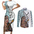 Maori Warrior Couples Matching Short Sleeve Bodycon Dress and Long Sleeve Button Shirts Silver Fern New Zealand Map With Kowhaiwhai Pattern LT03 Blue - Polynesian Pride