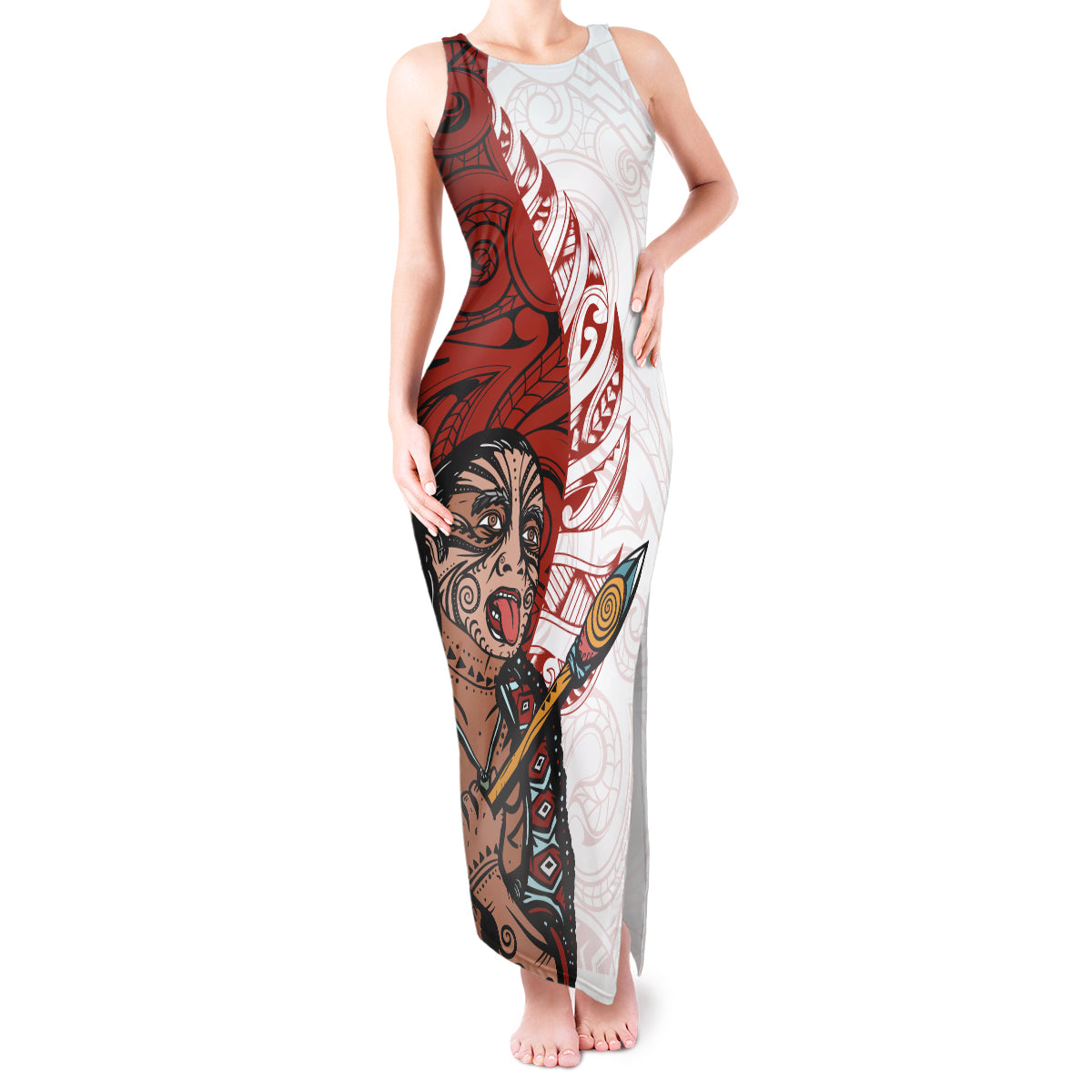 Maori Warrior Tank Maxi Dress Silver Fern New Zealand Map With Kowhaiwhai Pattern LT03 Women Red - Polynesian Pride