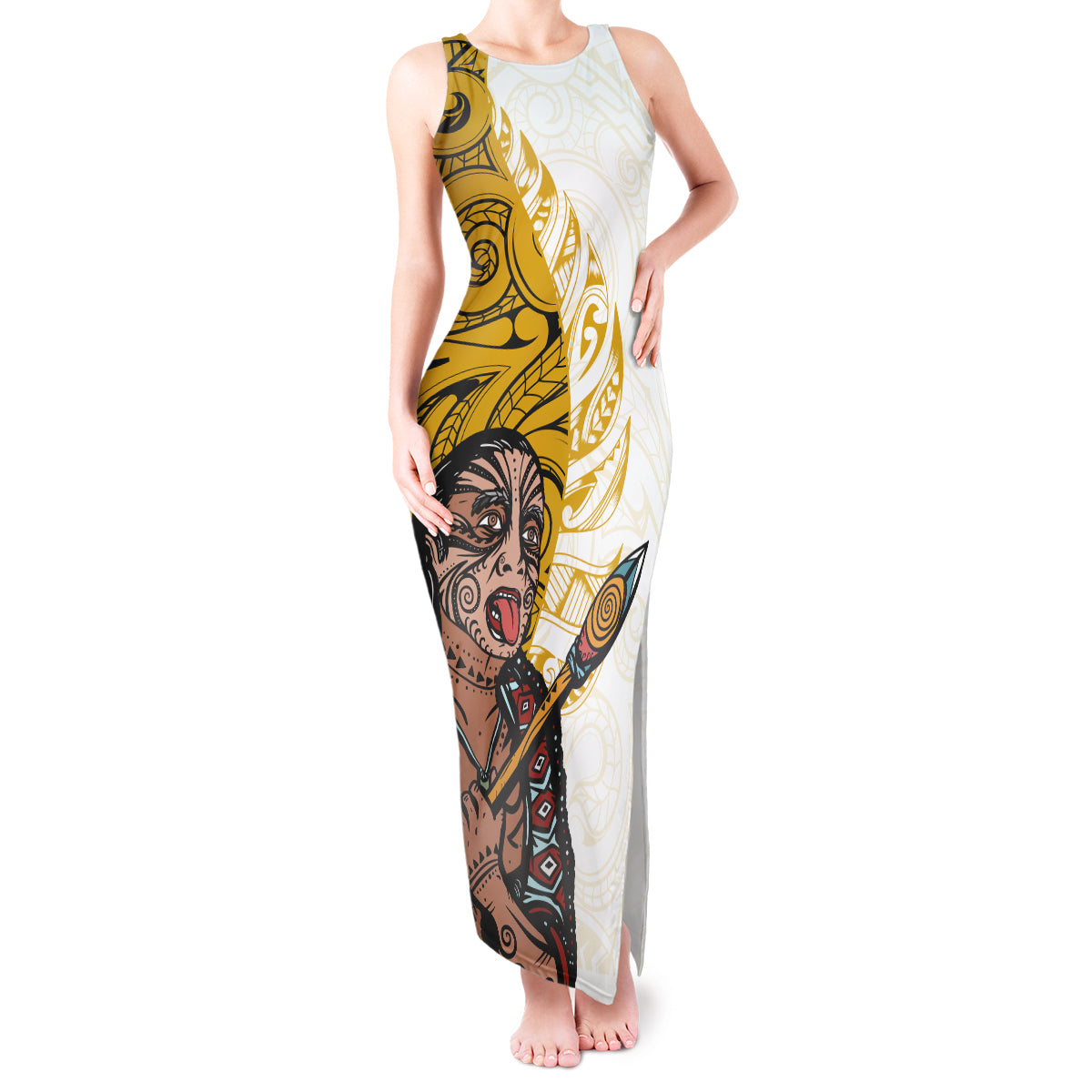 Maori Warrior Tank Maxi Dress Silver Fern New Zealand Map With Kowhaiwhai Pattern LT03 Women Gold - Polynesian Pride