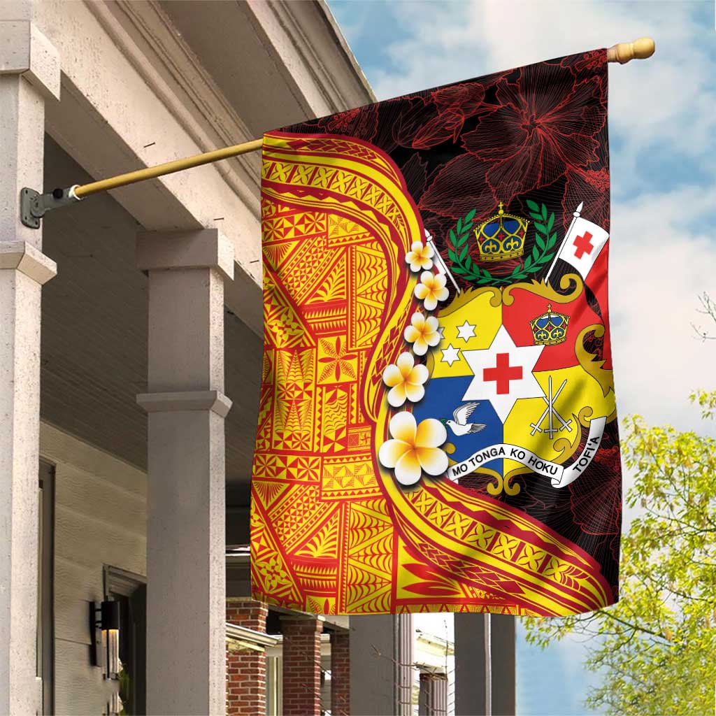 Tonga Culture Garden Flag Ngatu Pattern with Plumeria and Hibiscus LT03 House Flag Black - Polynesian Pride
