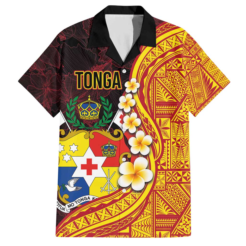 Tonga Culture Hawaiian Shirt Ngatu Pattern with Plumeria and Hibiscus LT03 Black - Polynesian Pride