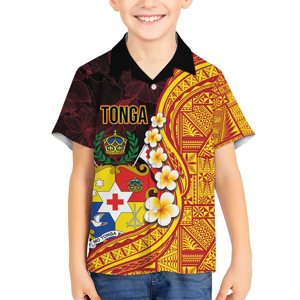 Tonga Culture Kid Hawaiian Shirt Ngatu Pattern with Plumeria and Hibiscus LT03 Kid Black - Polynesian Pride