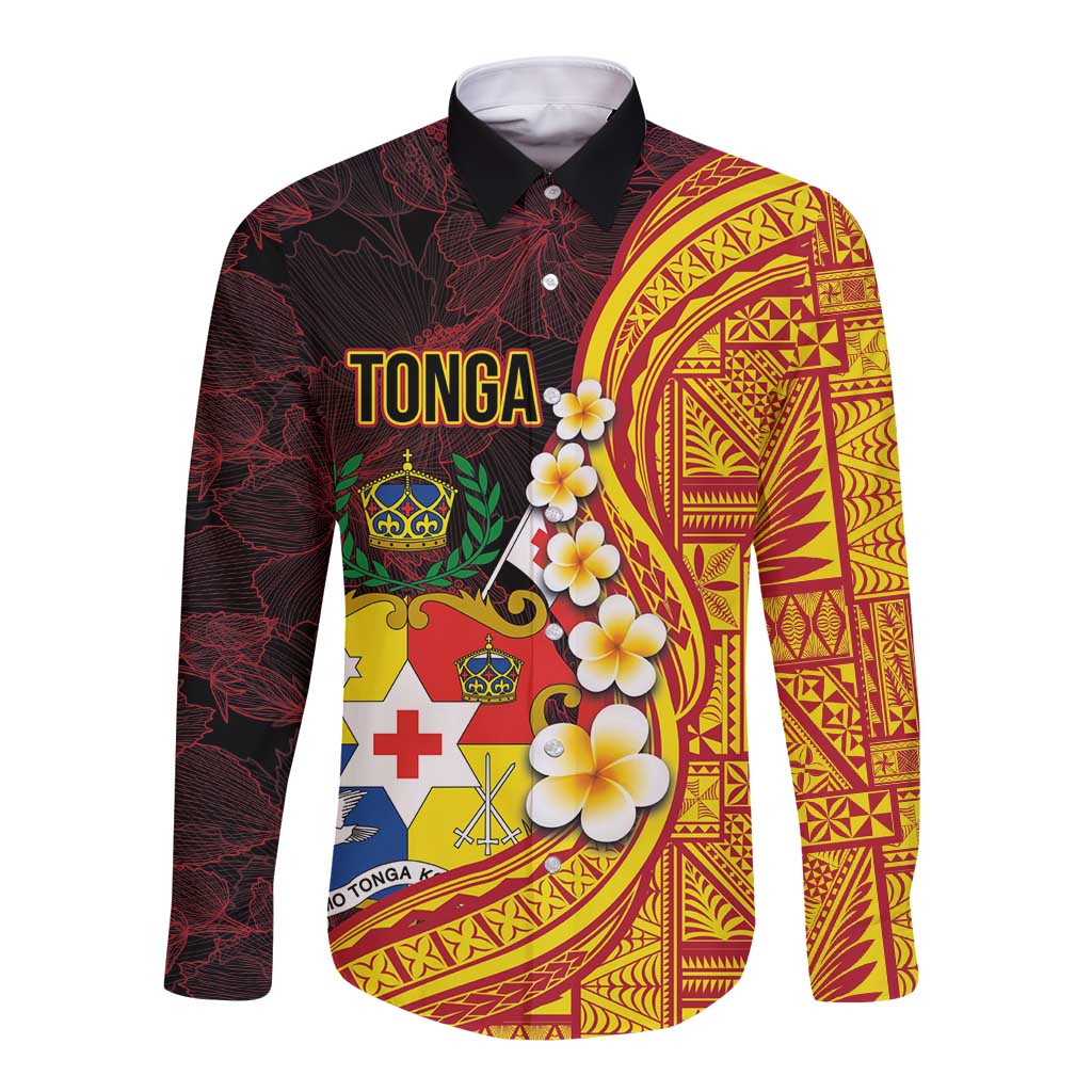 Tonga Culture Long Sleeve Button Shirt Ngatu Pattern with Plumeria and Hibiscus LT03 Unisex Black - Polynesian Pride